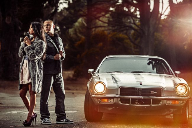 engagement photo with classic car
